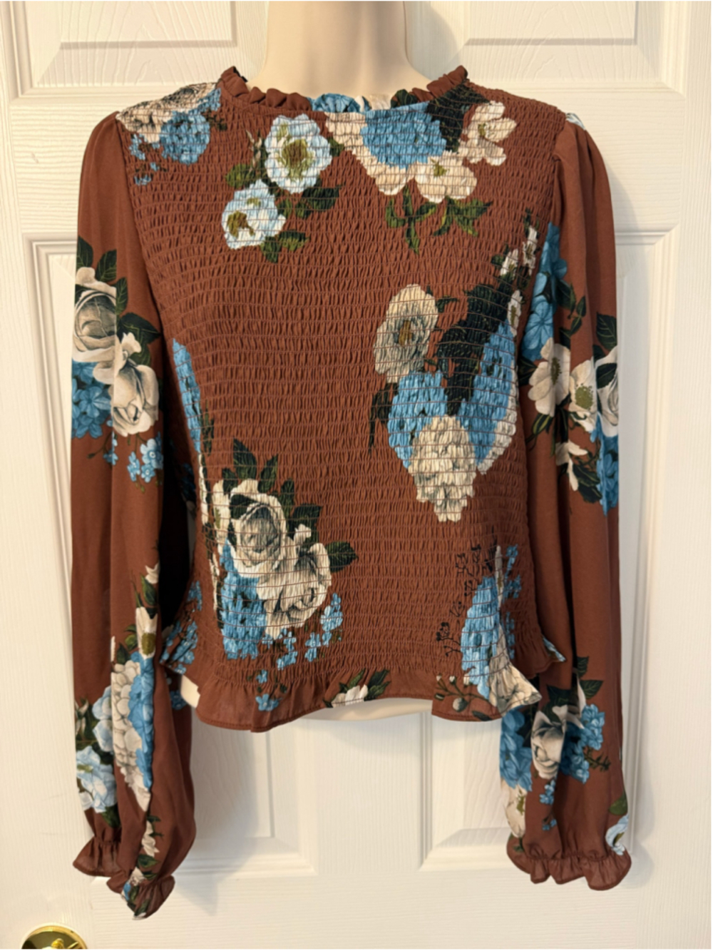 Maison d'Amelie Floral Smocked Long Sleeve Blouse Top Brown Blue Size M